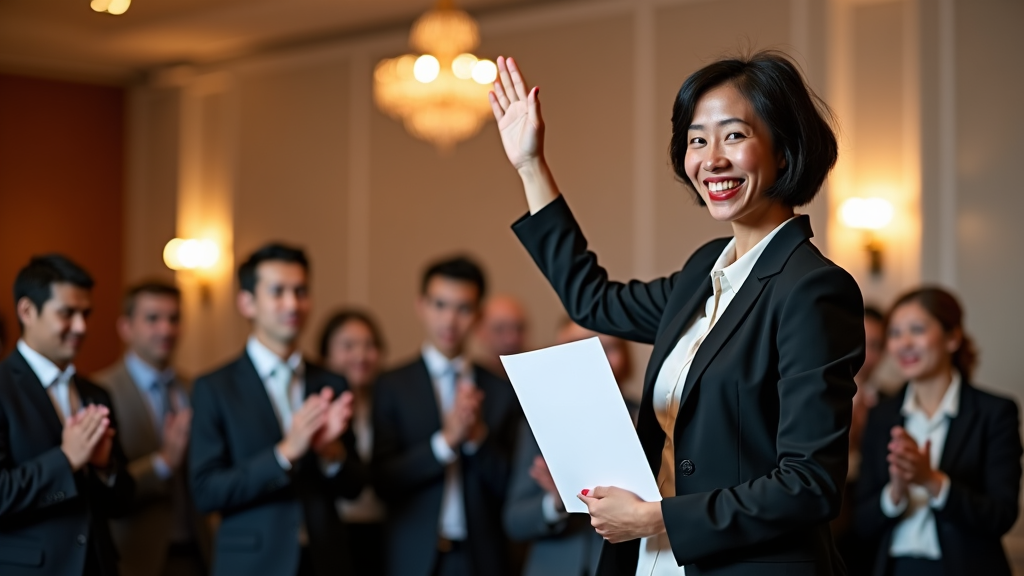 An employee receiving a certificate of recognition for exemplary service at an award ceremony, surrounded by peers clapping in applause.