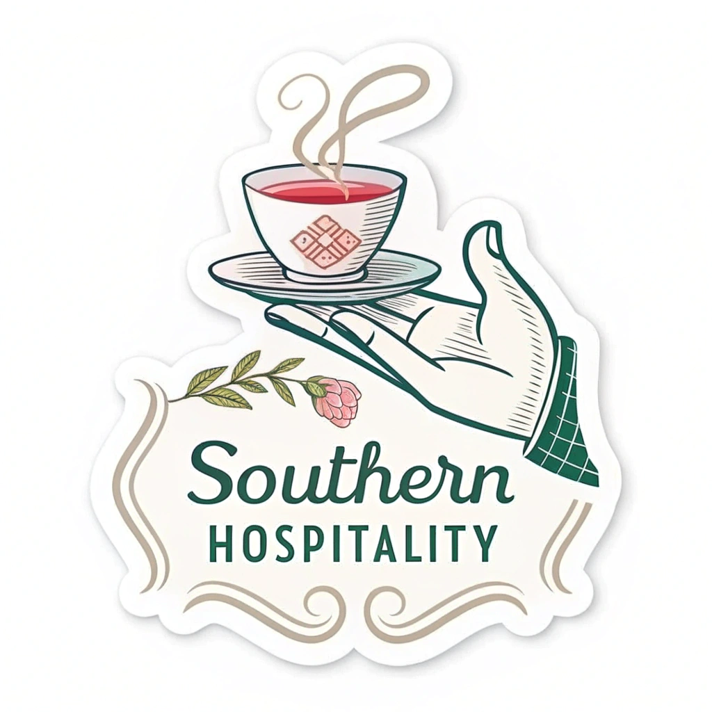 Creative South sticker design idea: A hand offering a sweet tea with 'Southern Hospitality' text.