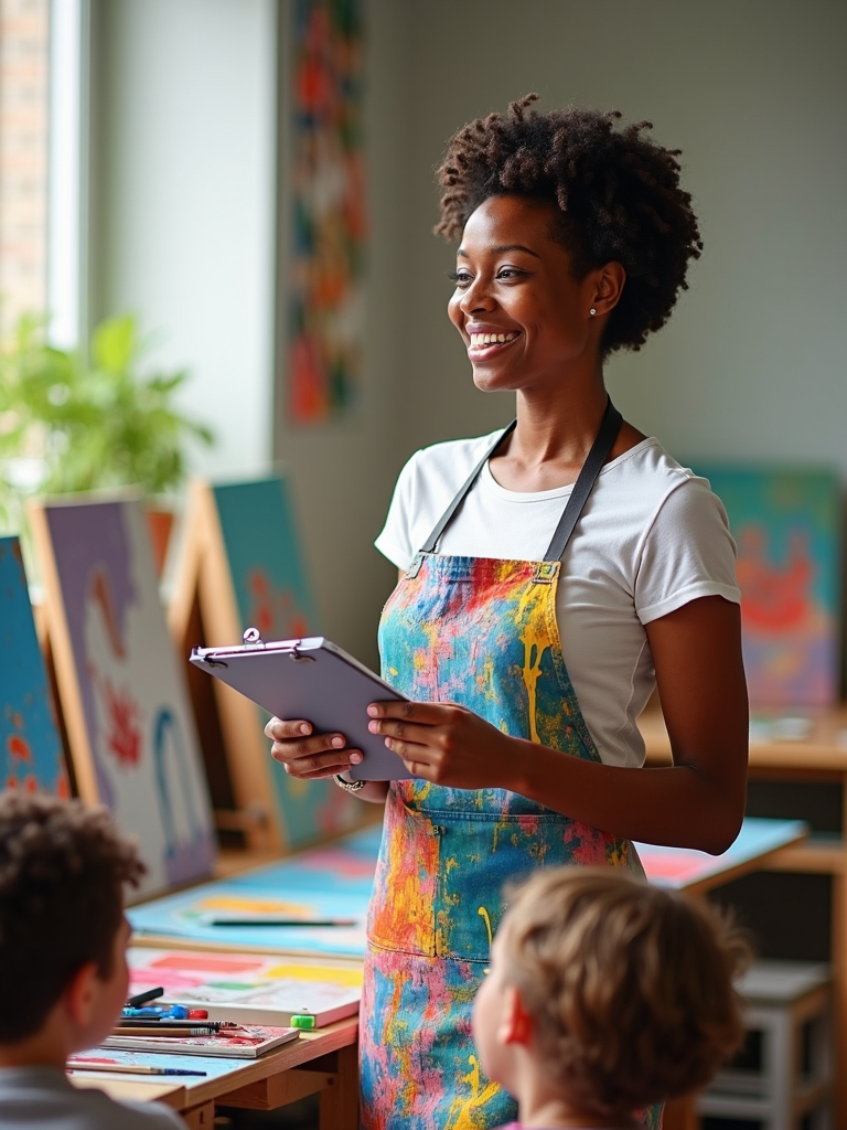 In an art classroom, a teacher with colorful paint stains on her apron holds a clipboard and checks student progress as they work on their paintings. Canvases of various sizes and colors are scattered around the room.