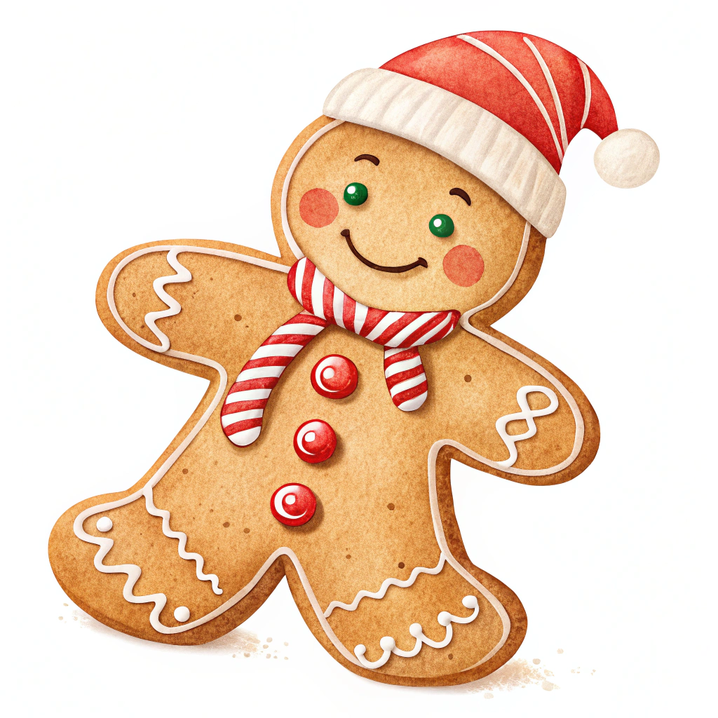 The image shows a gingerbread man wearing a red Santa hat and scarf, set against a white background. The gingerbread is decorated with colorful icing and sprinkles, giving it a festive look.