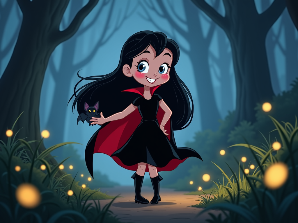 The image is a digital illustration of a young girl dressed up as a vampire in a dark forest. She is wearing a black dress with a red cape and black boots. She has long black hair and is holding a small black cat in her arms. The girl is smiling and looking at the camera. The background is filled with tall trees and bushes, and there are orange lanterns hanging from the trees. The overall mood of the image is eerie and spooky.