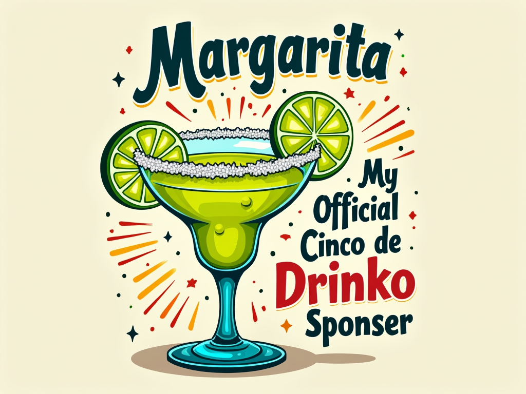 A stylized margarita glass with a lime wedge and salt rim, accompanied by the text 'Margarita: My Official Cinco de Drinko Sponsor' in a slightly tipsy, playful typeface.