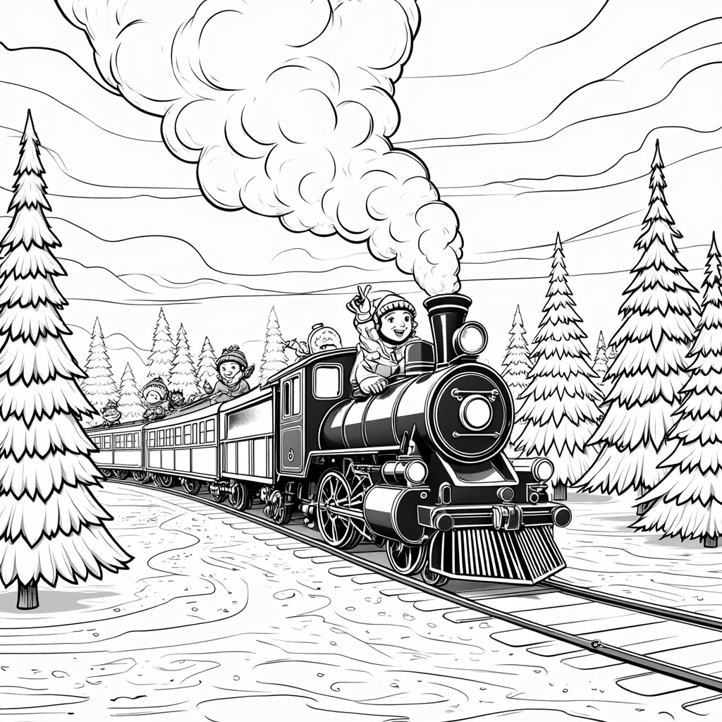 The image shows a black and white sketch of a train on a railway track with a few people inside, surrounded by trees covered in snow and a cloudy sky in the background.