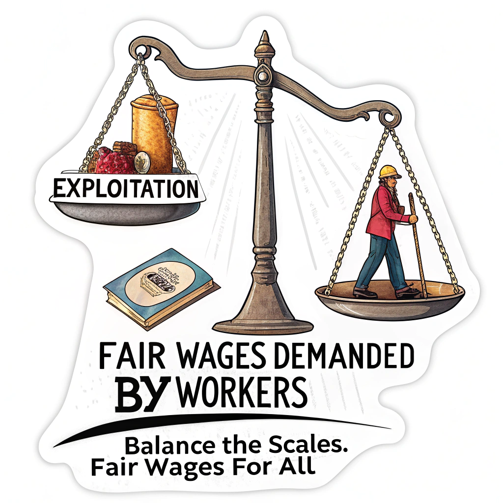 Balancing the Scales for Workers: An illustration of a weighing scale, with one side heavily weighted by 'Exploitation' and the other side being lifted by 'Fair Wages' demanded by workers. Text: 'Balance the Scales: Fair Wages for All'.