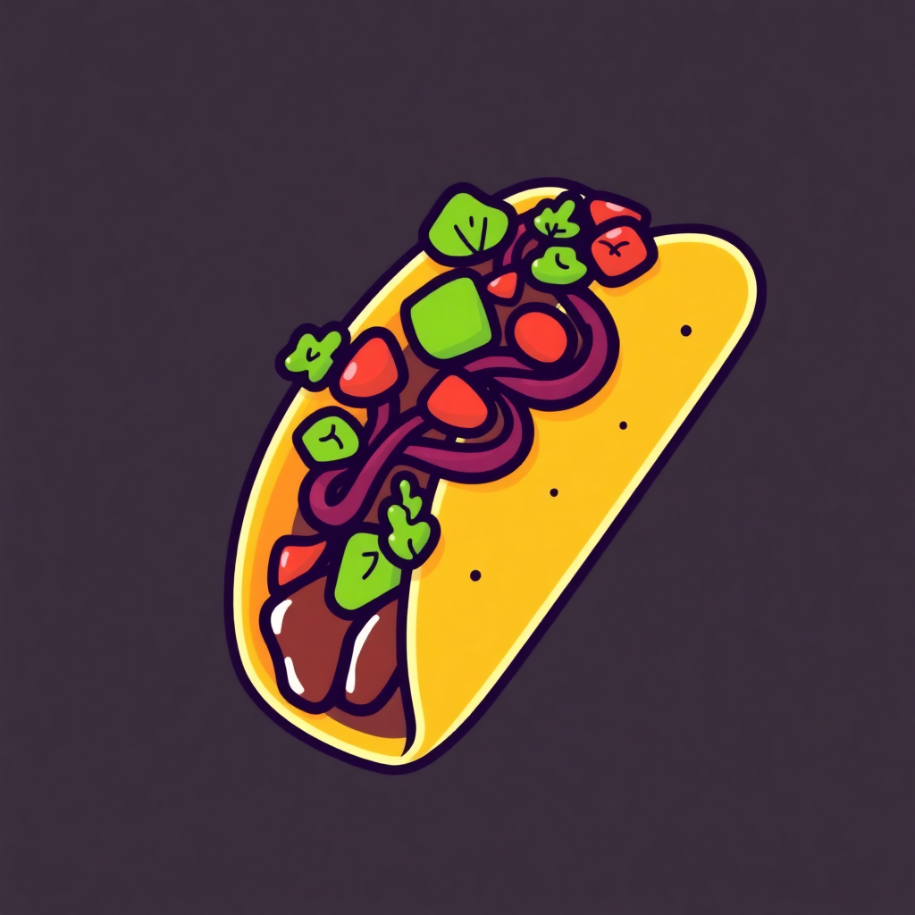 The image is an illustration of a taco. The taco is yellow in color and has a flat top. It is filled with a variety of colorful ingredients, including red, green, and purple vegetables. The vegetables are arranged in a circular pattern around the taco, with some overlapping each other. The background is black, making the taco stand out. The overall style of the illustration is flat and cartoon-like.