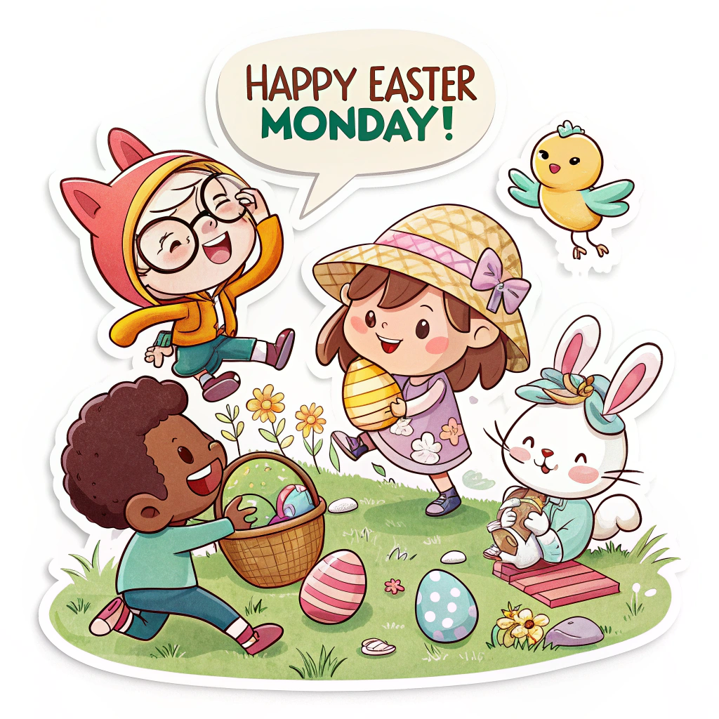 A sticker featuring a group of diverse cartoon characters (kids or animals) participating in Easter Monday activities like egg hunts or picnics, with a speech bubble saying 'Happy Easter Monday!'