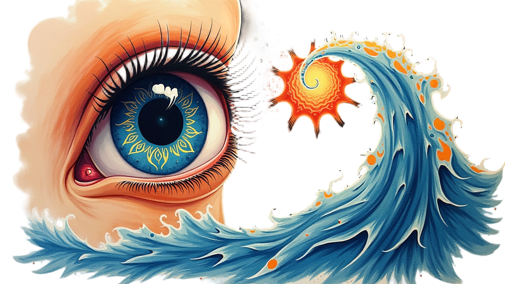 A stylized depiction of an observer (e.g., an abstract eye or lens) interacting with a quantum phenomenon: a wave form approaches the observer and transforms into a particle representation post-interaction.