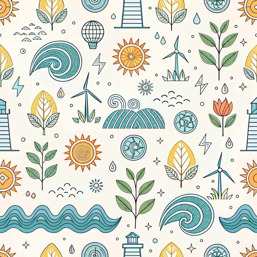 Renewable Energy Themed Patterns: Stylized visual representations of renewable energy sources like solar flares, wind currents, water waves, or geothermal gradients. These digital patterns could be applied to products manufactured using clean energy or for companies highlighting their commitment to renewables.