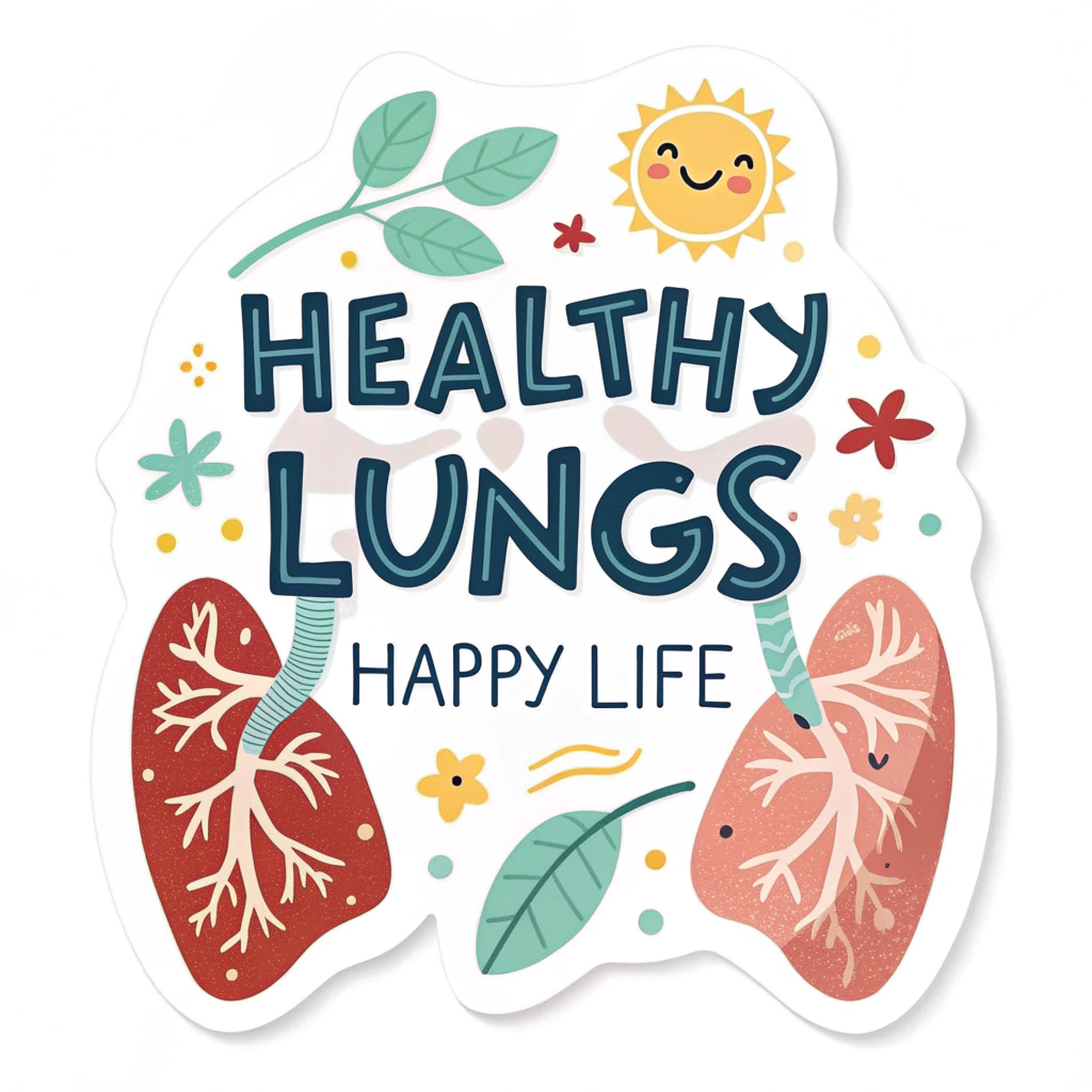 Sub-design idea 5: A creative typographic sticker where the words 'Healthy Lungs' are formed into the shape of lungs or incorporate lung-like design elements. 'Happy Life' is written in a playful, optimistic font, accented with small, cheerful graphics like stars or a smiling sun.