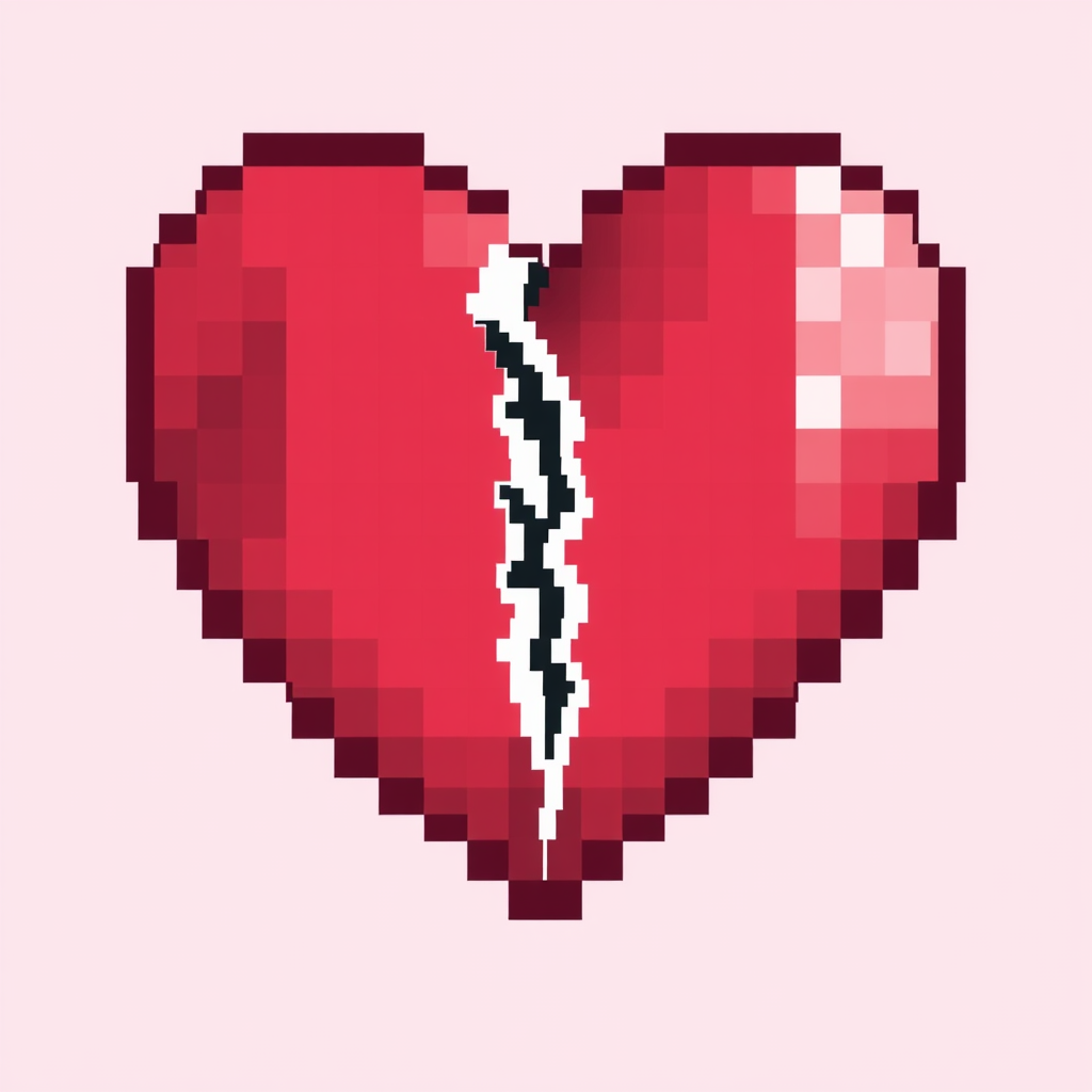 A pixel heart icon with a crack running through it, also formed from pixels, symbolizing heartbreak or resilience. The crack could be a different color to stand out.