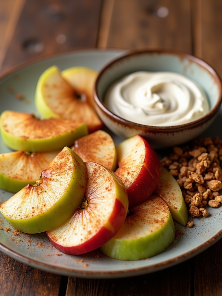 Infuse the apple slices with cinnamon or caramel before serving, pairing them with a complementary yogurt flavor (e.g., caramel yogurt) and a crunchy granola like cinnamon-flavored or pecan granola.