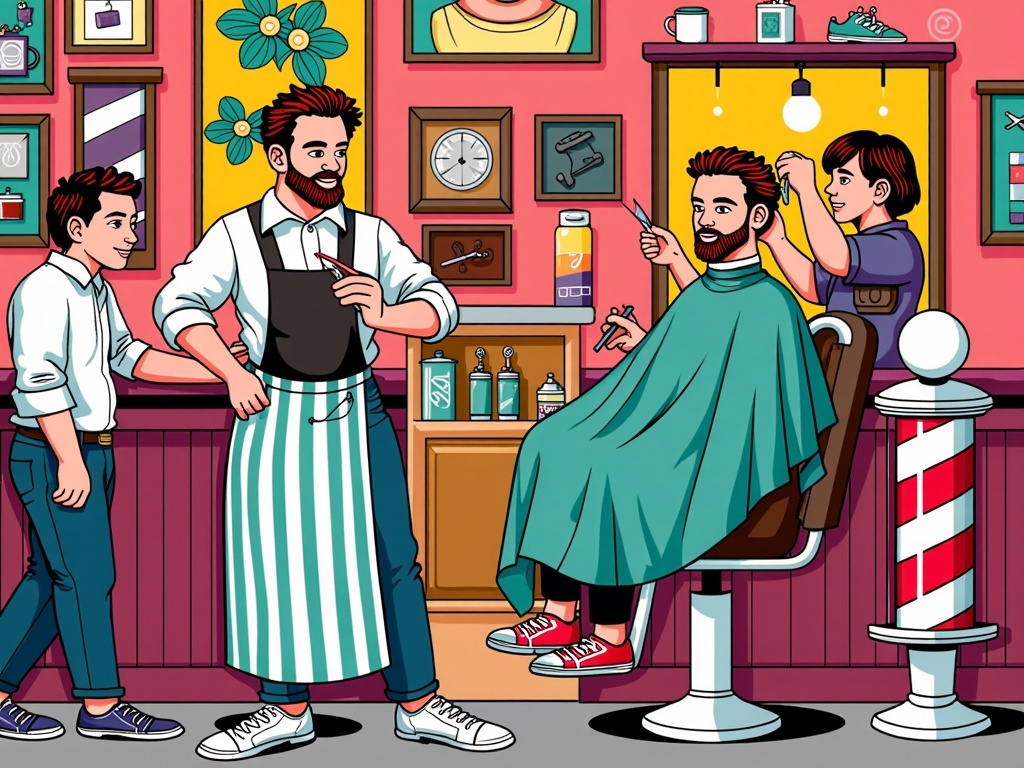 The image is an illustration of a barber shop. The barber is standing in front of a counter with a man sitting in a chair with a green cape on. He is holding a pair of scissors and appears to be cutting the man's hair. On the left side of the image, there is a young man wearing a white shirt and blue jeans, who is standing next to the barber and smiling at him. In the background, there are shelves with various hair products and a clock on the wall. The overall color scheme of the shop is pink, yellow, and green.