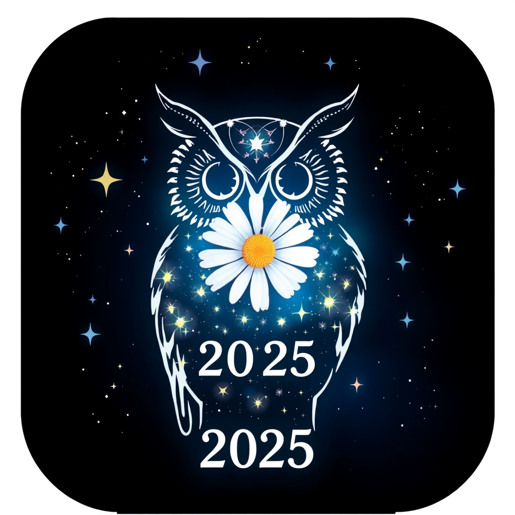 Celestial Owl Silhouette: An owl's silhouette formed by a starry constellation, with a vibrant daisy glowing at its core or as its eye. The numbers '2025' are subtly woven into the starry background or the owl's feather patterns, illuminated by starlight.
