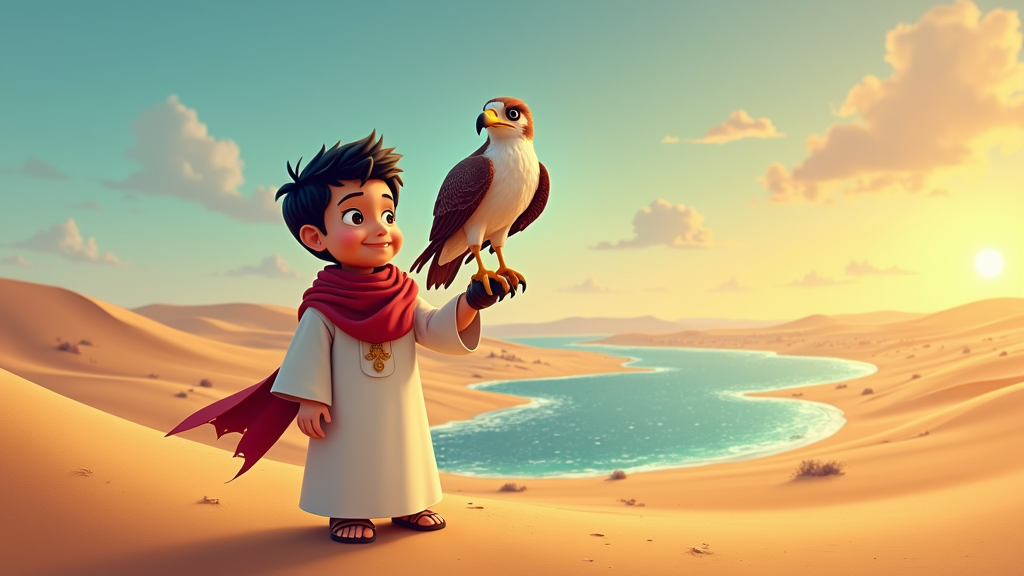 The Qatari boy and his falcon are depicted on an adventure, exploring the unique landscapes of Qatar, from dunes to the coastline.