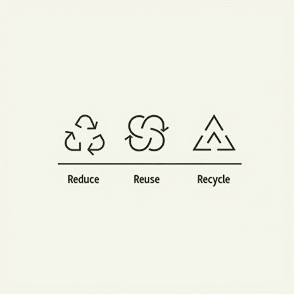 Represent 'Reduce', 'Reuse', and 'Recycle' using ultra-minimalist geometric shapes: a simple horizontal line or bar for Reduce, two interlinked circles or an infinity symbol for Reuse, and a triangle formed by three simplified, non-chasing arrows for Recycle, arranged cleanly in a row or stacked.