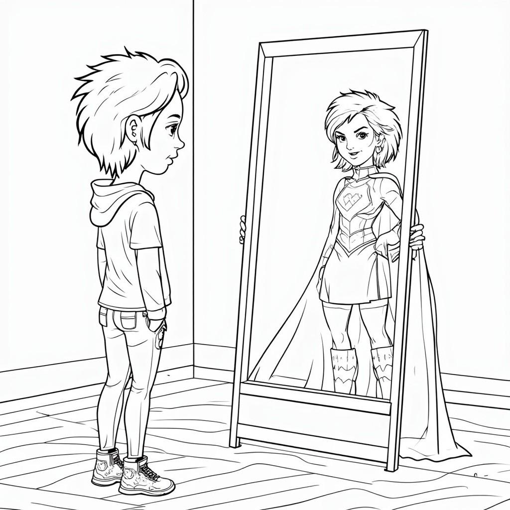 Coloring page showing a character looking in a mirror, with their reflection showing their superhero alter ego.