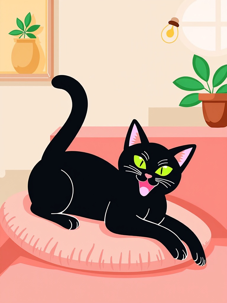 The image is an illustration of a black cat lying on a pink cushion. The cat is lying on its back with its front paws stretched out and its tail curled around its body. Its eyes are wide open and its mouth is slightly open, as if it is panting or yawning. The background is a room with a window and a potted plant on the windowsill. The overall color scheme of the image is pink and beige.