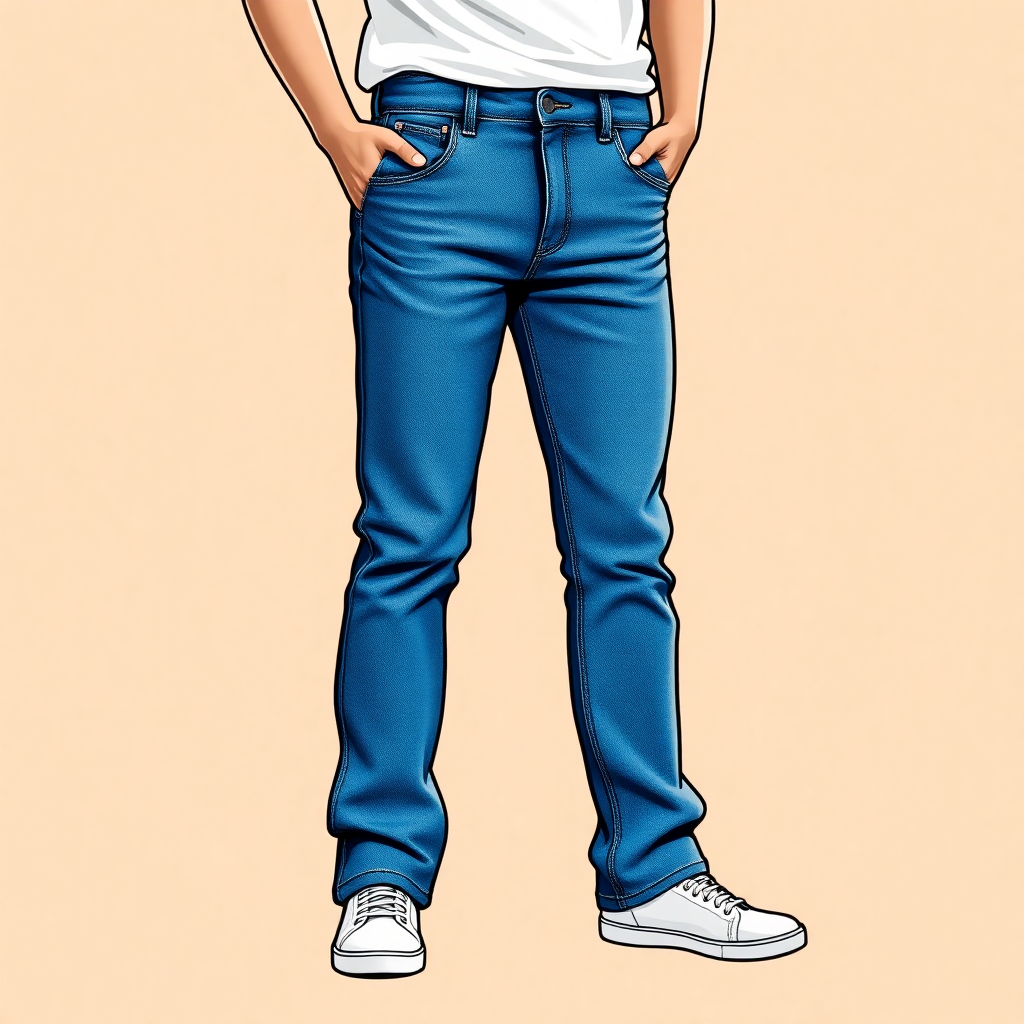  a pair of blue jeans and white sneakers. The jeans are a light blue color and appear to be made of a denim-like material. The person is standing with their legs slightly apart and their hands in their pockets. They are wearing a white t-shirt underneath the jeans. The background is a plain beige color. The image is an illustration of the person's legs and feet.