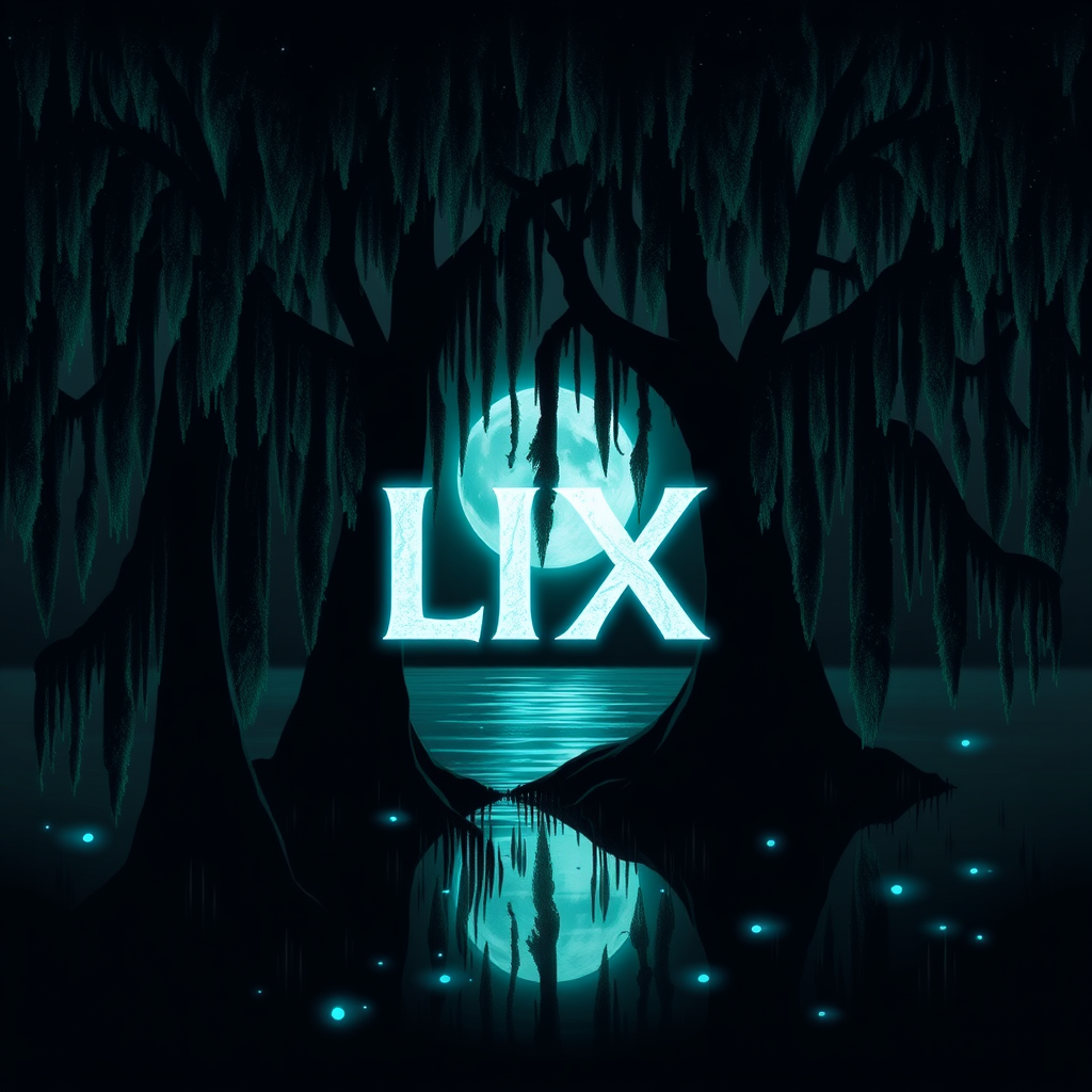 Sub Design Idea 3: 'Mystic Bayou LIX' - Silhouette of ancient cypress trees draped in Spanish moss, with the 'LIX' appearing ethereal, perhaps formed by moonlight reflecting on the water's surface or woven into the moss itself. Accents of bioluminescent blues or greens could add magic.