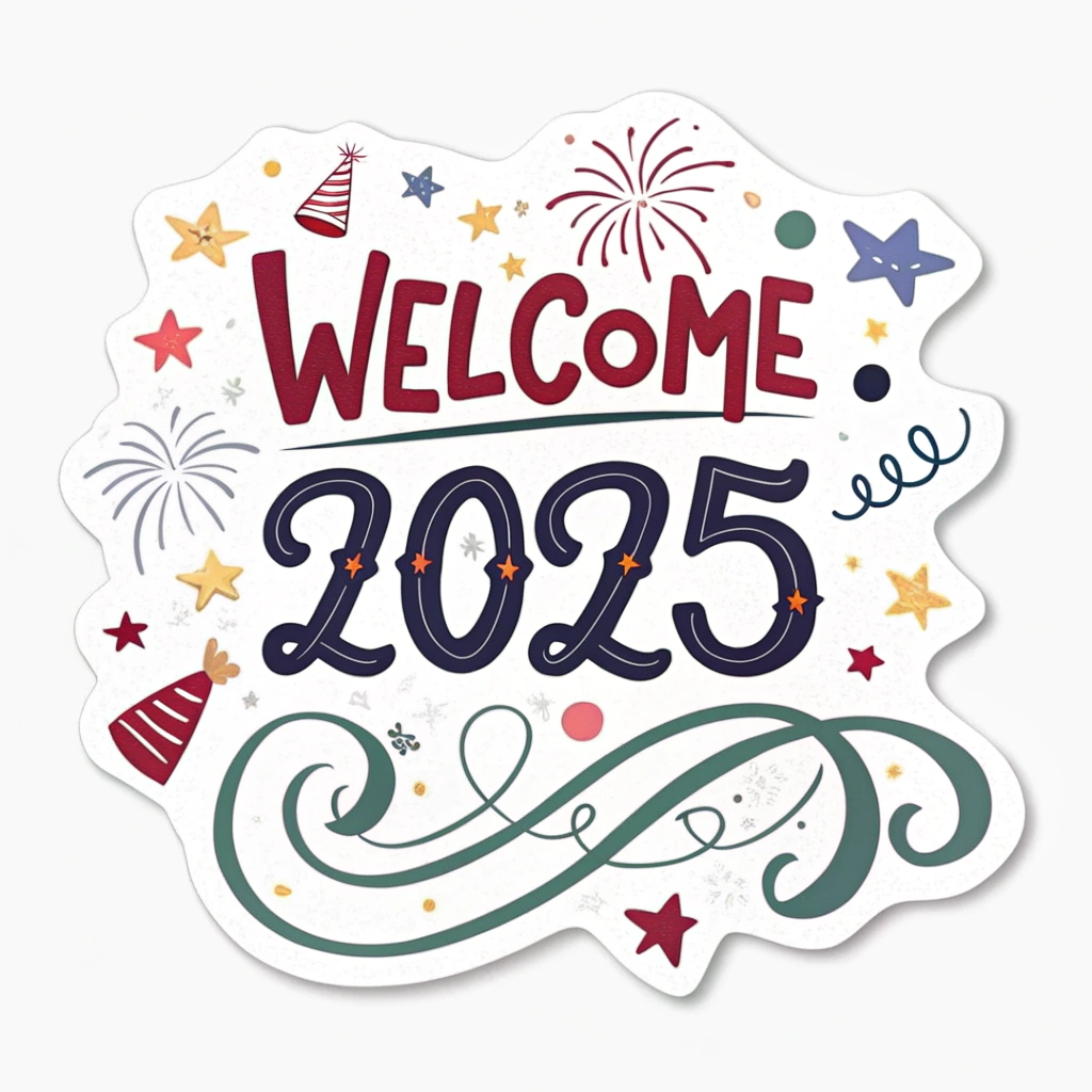 The image shows a poster with the words Welcome 2025 written in bold, colorful letters surrounded by stars and fireworks, creating a festive and celebratory atmosphere.