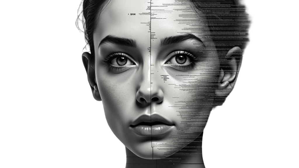 A portrait where one half is a classical human face, and the other half transitions into a wireframe model or a fragmented digital representation with error messages or corrupted data overlays, symbolizing the duality and fragility of an AI mind.