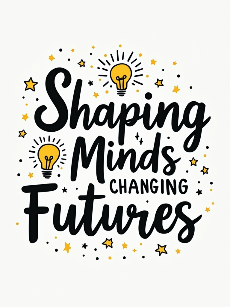 Typography-focused design where 'Shaping Minds' is in a creative, perhaps hand-drawn font, transitioning into 'Changing Futures' in a strong, inspiring font, possibly with subtle lightbulb or star elements integrated.