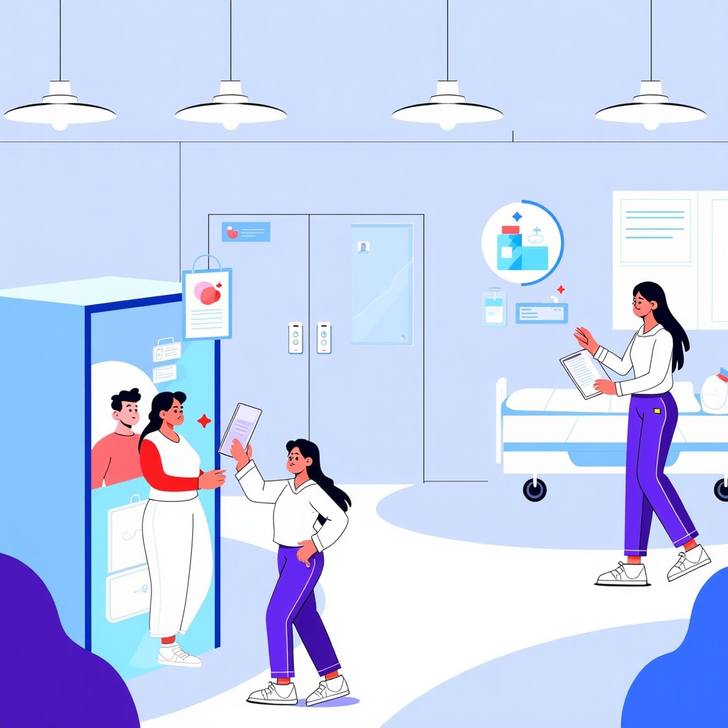 Depict a patient's seamless journey: from AI-assisted virtual check-in, to a smart room where environmental controls and information displays are personalized by AI, to AI-guided navigation for staff bringing precisely allocated medical supplies or performing scheduled checks.