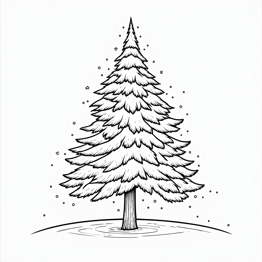 The image is a black and white line drawing of a Christmas tree. The tree is tall and slender with a pointed top and a conical trunk. It is covered in snowflakes, giving it a wintery appearance. The branches of the tree are thin and fluffy, and the trunk is straight and sturdy. The background is plain white, making the tree stand out. There are small dots scattered around the tree, adding to the wintery feel of the image.