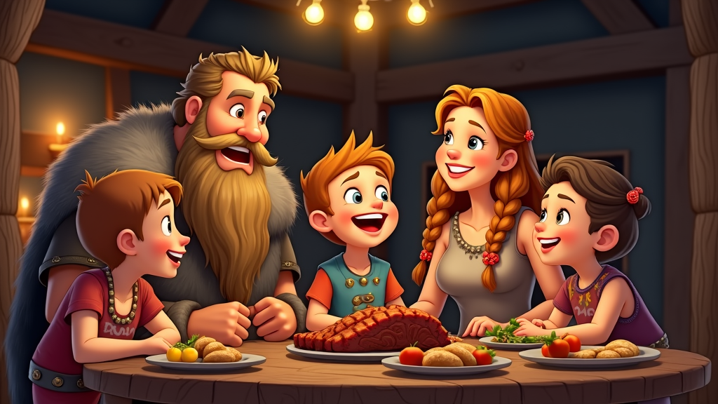 A scene showcasing a Viking family at their dinner table, with the focus on their traditional food and family dynamics.