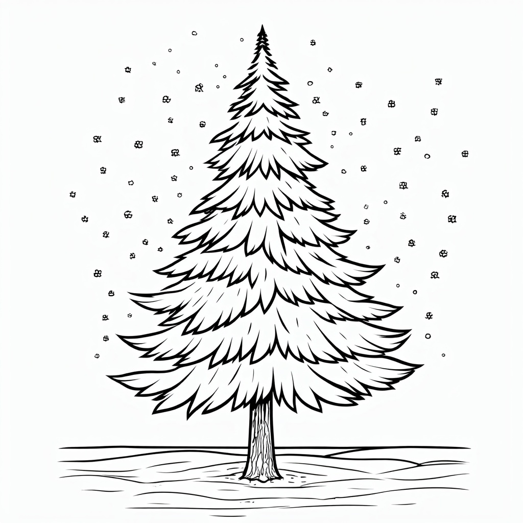 The image is a black and white line drawing of a Christmas tree. The tree is tall and slender with a pointed top and a conical trunk. It is covered in snowflakes, giving it a wintery appearance. The branches of the tree are thin and fluffy, and the trunk is straight and sturdy. The background is plain white, making the tree stand out. There are small black dots scattered around the tree, adding to the wintery feel of the image.