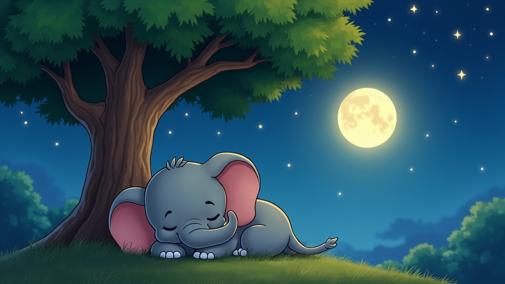 A cartoon of an elephant sleeping under a tree at night, with the moon and stars visible.