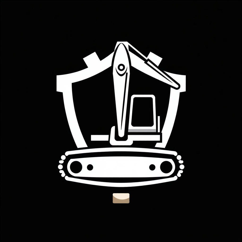 An abstract representation of an excavator's track or a crane's boom integrated with a shield or a gear shape, symbolizing strength, reliability, and precision. Use contrasting colors for the machinery element and the background shape.