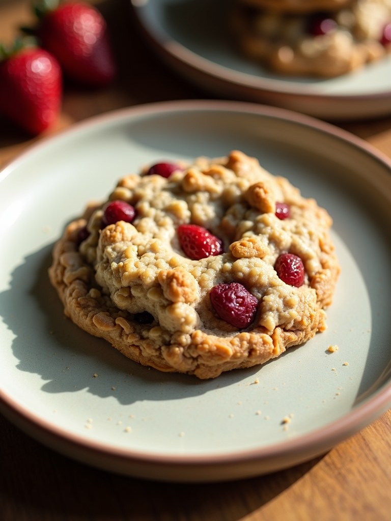 A chewy oatmeal cookie with dried strawberries and a hint of basil extract.