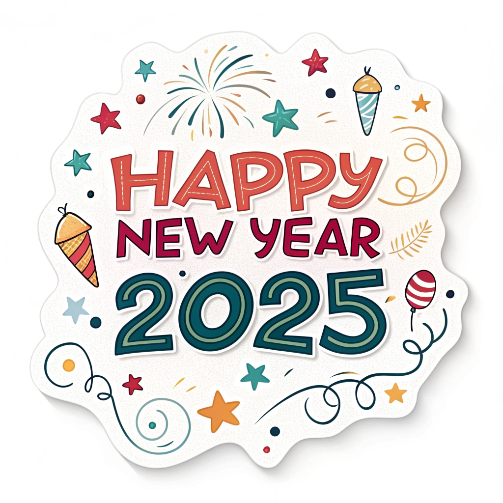 The image shows a poster with the words Happy New Year 2025 written in bold, colorful letters, surrounded by a festive design of colorful balloons, stars, and confetti, creating a cheerful atmosphere to celebrate the start of a new year.