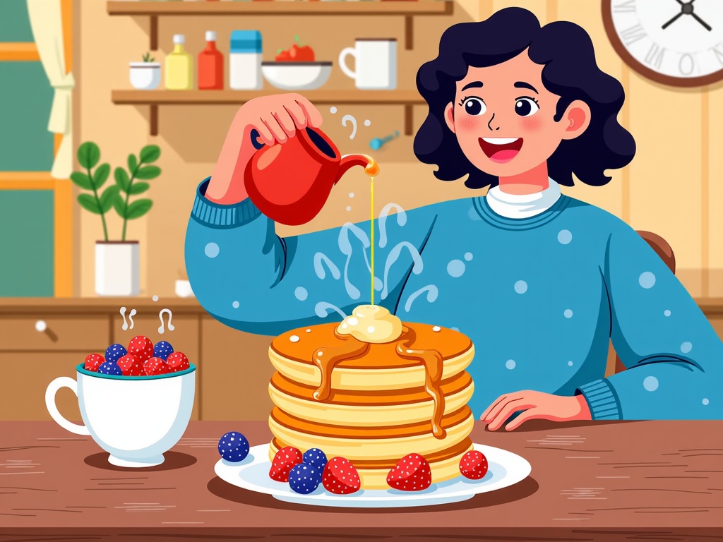  a young girl sitting at a kitchen table with a stack of pancakes in front of her. She is wearing a blue sweater and has curly black hair. The pancakes are golden brown and are topped with syrup and fresh berries. The girl is pouring syrup from a red teapot into one of the pancakes. There is a white mug of berries on the table next to the stack. In the background, there is a clock on the wall and a shelf with various kitchen items. The overall mood of the image is cheerful and playful.