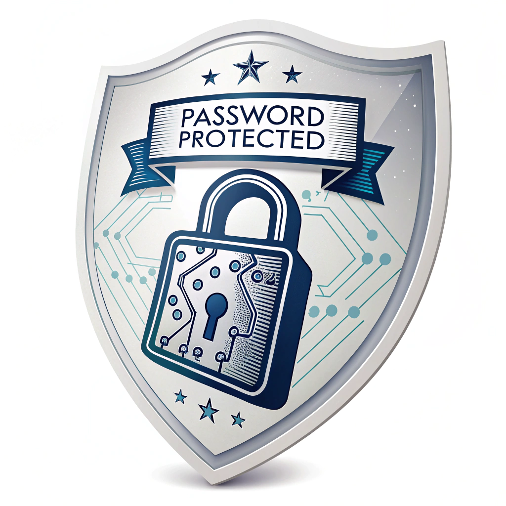 A classic heraldic shield featuring a prominent, stylized padlock in the center. The shield could have a metallic sheen (silver or blue) with circuitry patterns subtly embedded in the background. The words 'PASSWORD PROTECTED' could be in a banner across the shield.