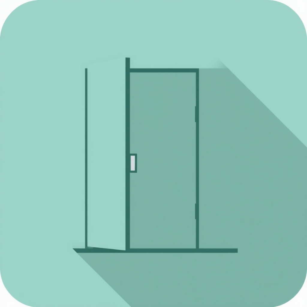 An abstract representation of a door, perhaps a rectangle with a vertical line to represent the opening, rendered in a flat, modern style.