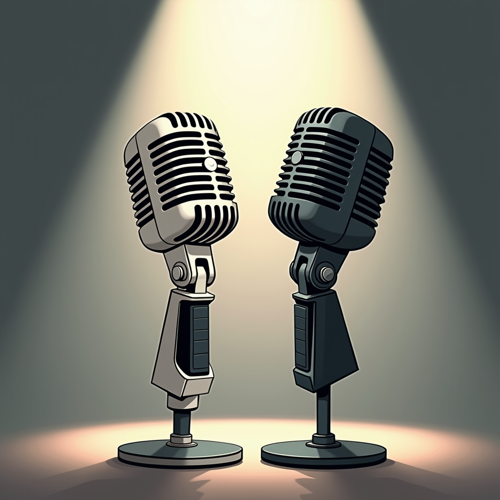 A graphic representation of two distinct microphones, perhaps one vintage and one modern, under a single shared spotlight arc, which forms the 'stage' outline.