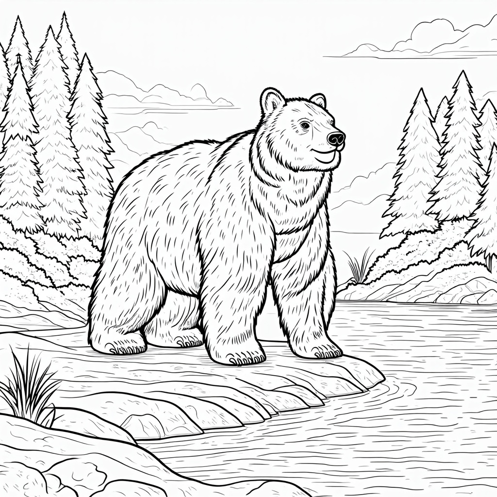 A majestic grizzly standing by a river, ideal for experimenting with earth tones and shading.