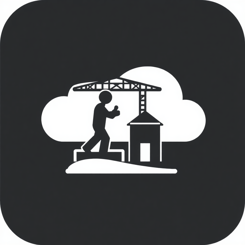 The image is a black square icon with a white silhouette of a construction site. In the center of the icon, there is a person walking towards a building under construction. The building appears to be a small structure with a sloping roof and a chimney. The person is holding a tool in their hand and is walking towards the building. The background is white and there are two clouds in the sky. The overall design is simple and minimalistic.