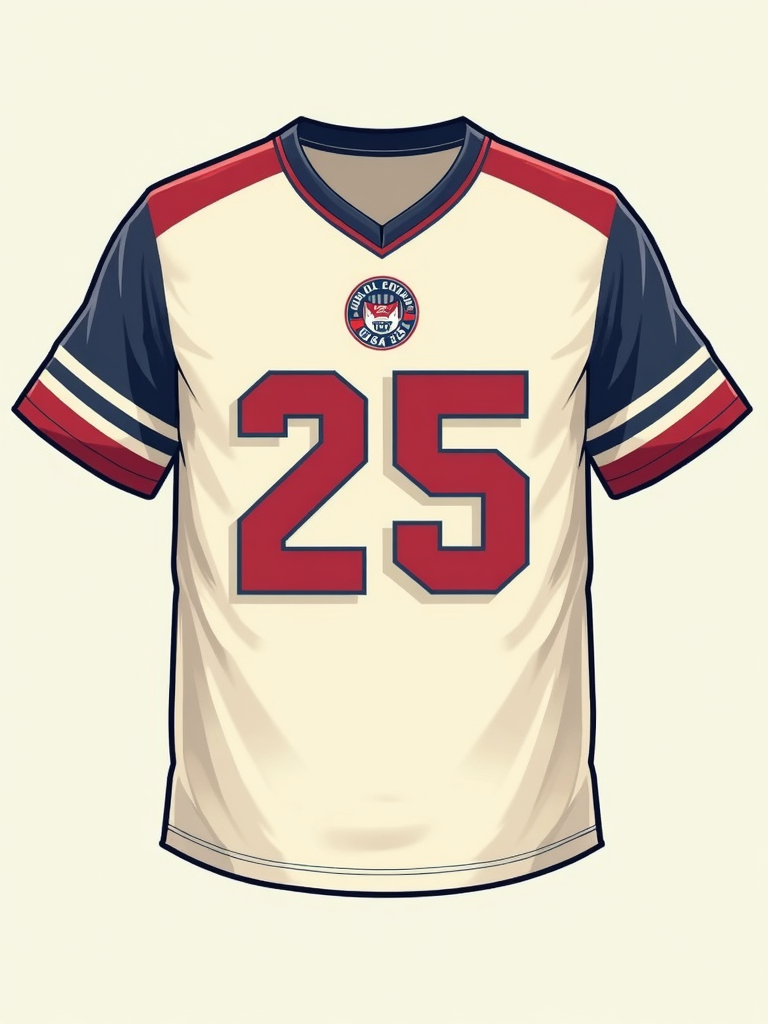Design Idea 4: 'Retro American Sports Jersey Style'. A T-shirt designed to emulate a vintage American sports jersey (e.g., baseball, American football style). Features the number '25' prominently on the back or front, potentially with stripes on sleeves and a custom 'USA 2025 CWC' circular or shield-shaped crest on the chest. Text elements: 'World Champions Tour - USA '25', or 'HOST NATION' on the back. Color scheme: Cream or off-white base with bold red and blue striping and lettering, utilizing classic varsity fonts.