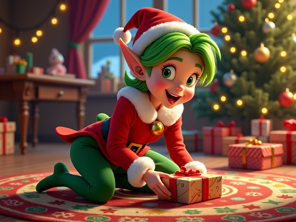  a cartoon elf with green hair and a red hat, kneeling on a red rug in front of a Christmas tree. The elf is holding a gift box with a red ribbon and appears to be opening it. There are several other gift boxes scattered around the room, and a window with string lights can be seen in the background. The overall mood of the image is cheerful and festive.