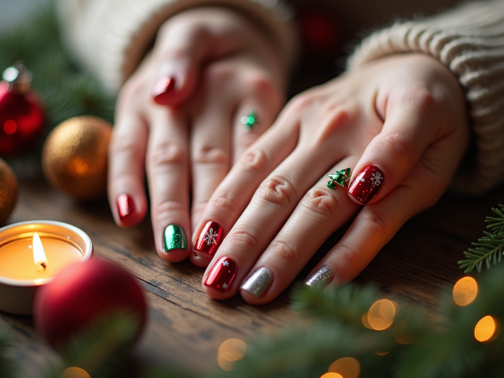  a pair of hands resting on a wooden surface with Christmas decorations around them. The hands are resting on top of a Christmas tree branch with red and gold ornaments and a lit candle. The nails are painted with a festive design, with red, green, and gold colors. The background is blurred, but it appears to be a wooden table with more Christmas decorations. The overall mood of the image is warm and cozy, with a focus on the hands and the decorations.