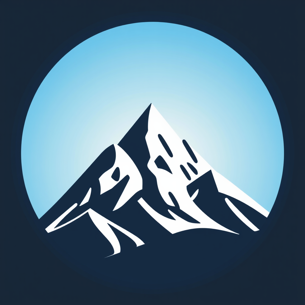 A circular icon containing a stylized mountain range with a gradient sky background, evoking a sense of adventure.