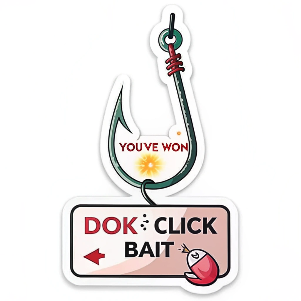 Sub-design 1 (Digital Bait): A stylized fish hook where the bait is a pixelated, glowing mouse cursor or a miniature deceptive pop-up window (e.g., 'You've Won!'). Text 'Don't Click Bait' in a clear, bold font.