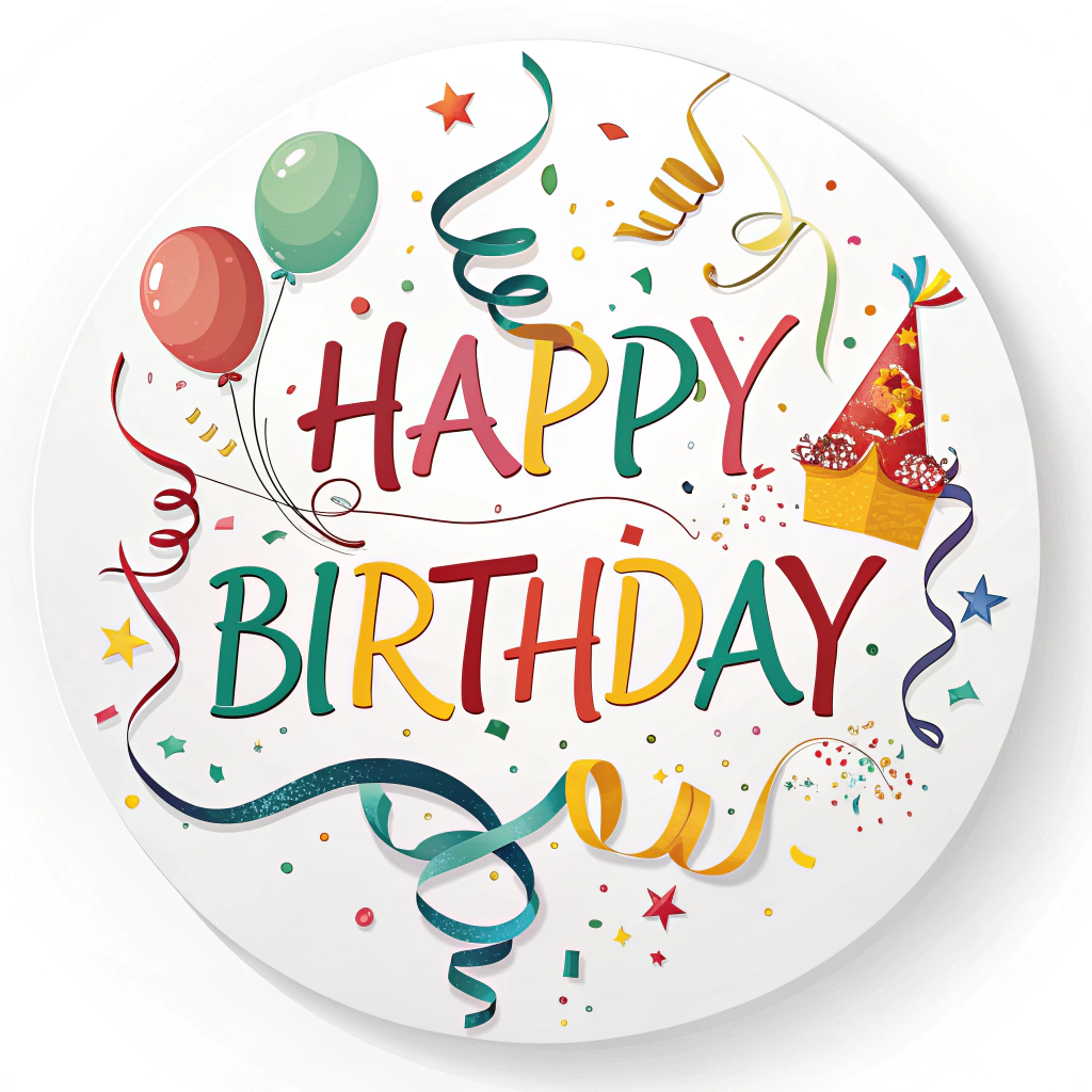 Sub Design 1: A circular sticker with 'Happy Birthday' in bold, colorful text surrounded by falling streamers and confetti.