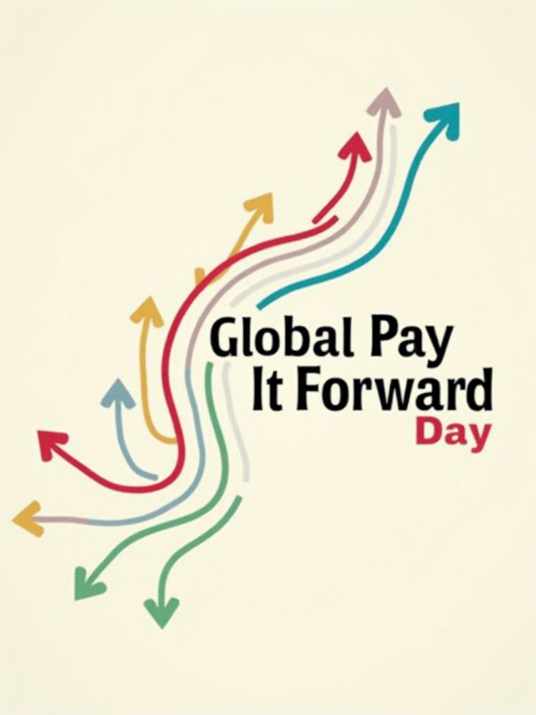 Multiple small, simple forward arrows arranged in a gentle upward curve, suggesting momentum and collective action. Text: 'Global Pay It Forward Day' follows the curve.