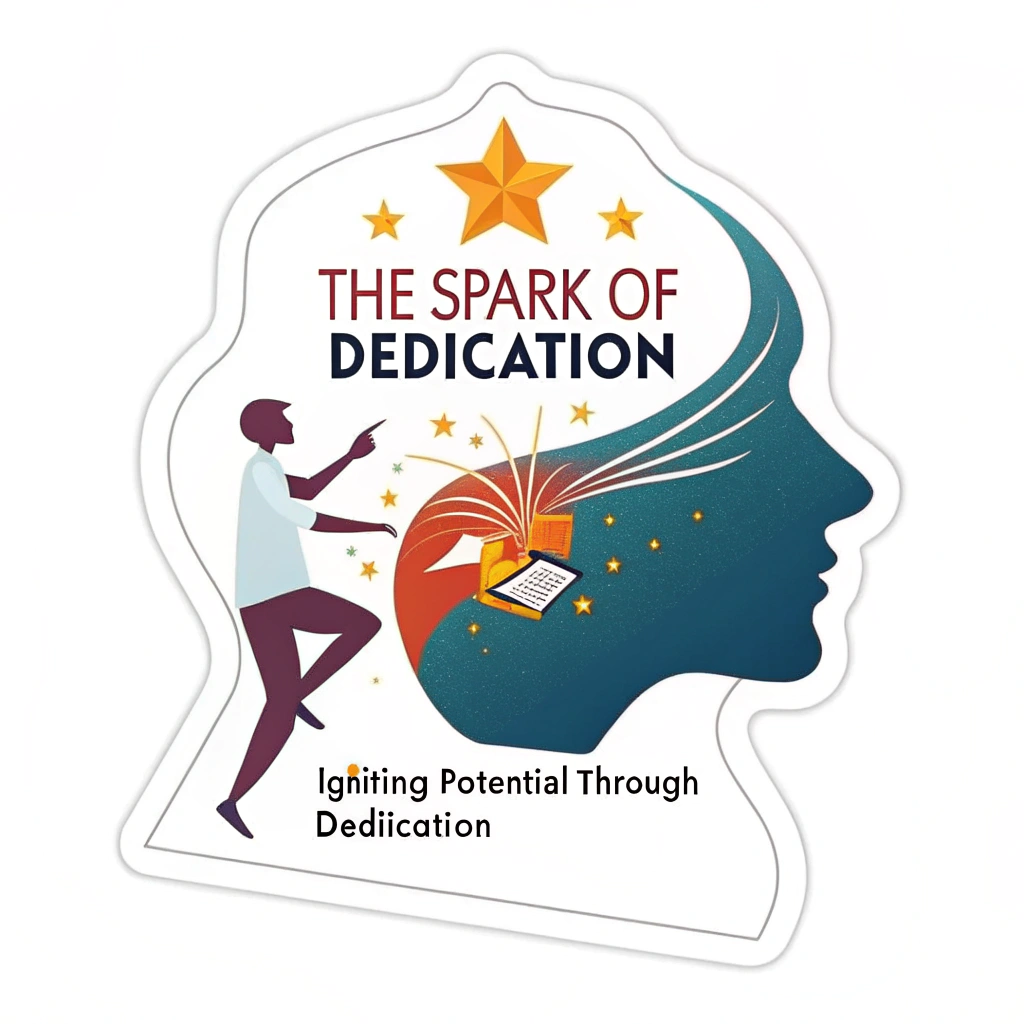 Sticker Design 5: 'The Spark of Dedication'. A dynamic, abstract design showing a spark or star igniting within a human head silhouette, with a subtle hand (representing the teacher) gently guiding or supporting it. Text: 'Igniting Potential Through Dedication.'