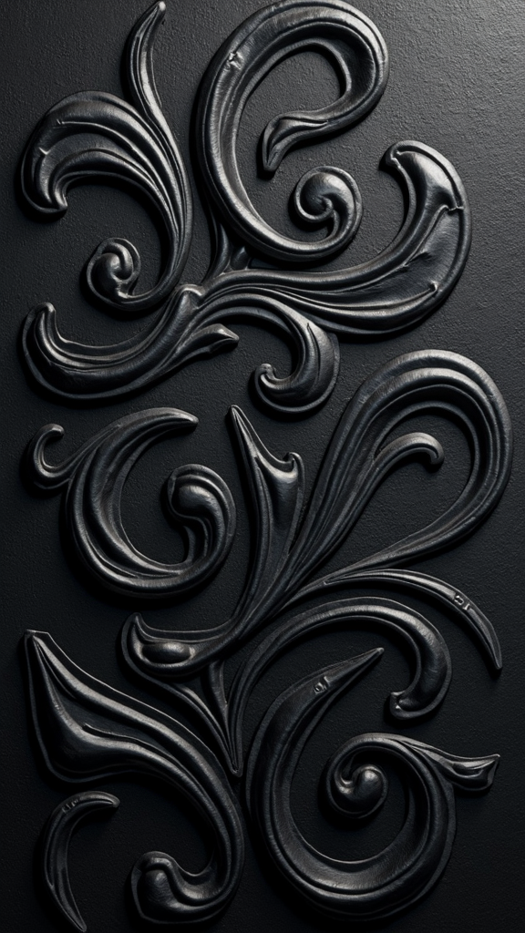 The image shows a black wall with a decorative design on it. The design is intricate and detailed, with swirls and curves that create a unique and eye-catching pattern. The black color of the wall provides a stark contrast to the design, making it stand out even more.