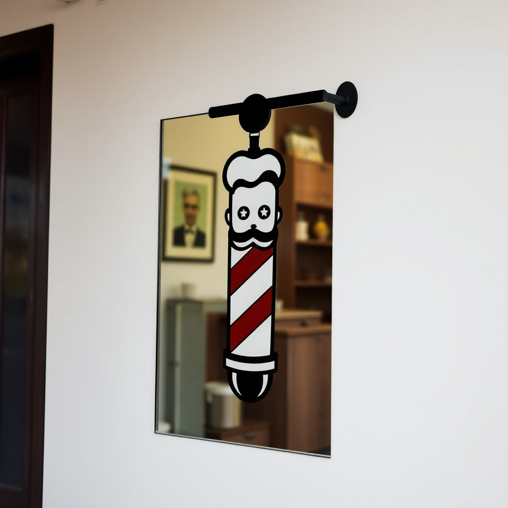 The image is a black and white illustration of a barber pole hanging on a white wall. The pole is in the shape of a tall, cylindrical pole with a red and white striped pattern on it. On top of the pole, there is a cartoon-like figure of a man with a beard and mustache. The figure is wearing a top hat and has a mustache and a beard. The background of the image is blurred, but it appears to be a room with a wooden cabinet and a picture frame on the wall.